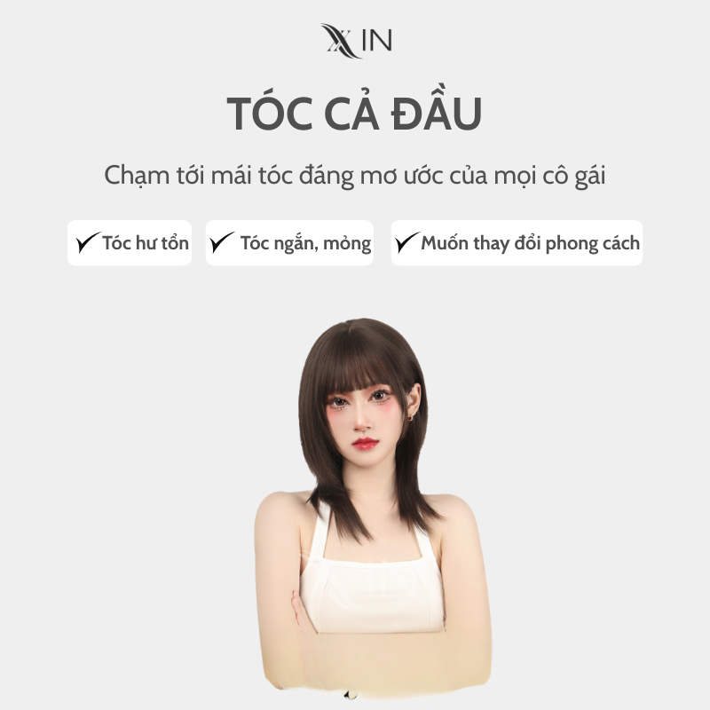 Tóc giả nguyên đầu wolf cut layer mái thưa nâu lạnh