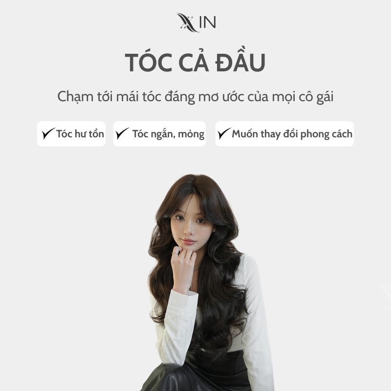 Tóc giả nguyên đầu xoăn lơi tự nhiên mái bay Hàn Quốc 75cm Nâu Socola