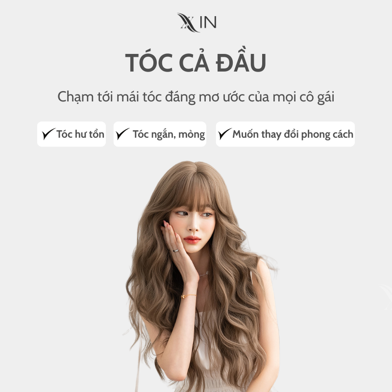 Tóc giả nữ nguyên đầu xoăn sóng lơi 68cm mái thưa nâu trà bạc hà