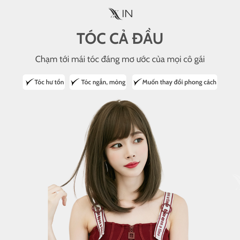 Tóc Giả Lụa Phủ Nano Dài 36cm Màu Nâu Khói Mái Thưa