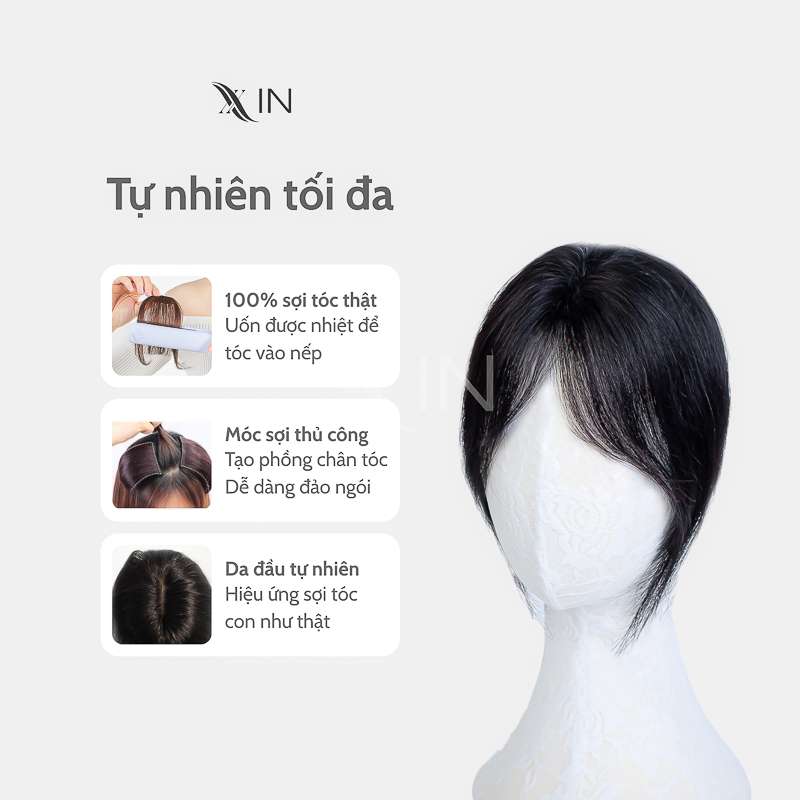 Phủ hói siêu da dệt lưới tàng hình 3D tóc thật 2 kẹp 6x8cm - Mã F306